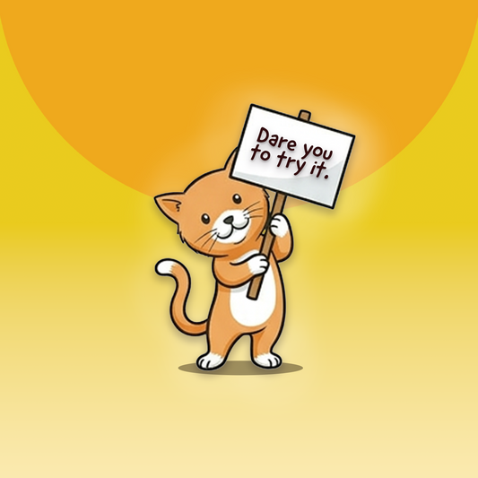 Avery's Totally Gross Kitty Piddle Cartoon character holding a sign with 'Dare you to try it.' text on a yellow gradient background