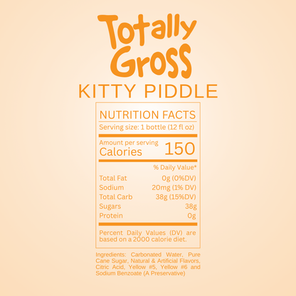 Nutrition facts label for Avery's Totally Gross Kitty Piddle Original Soda on orange gradient background