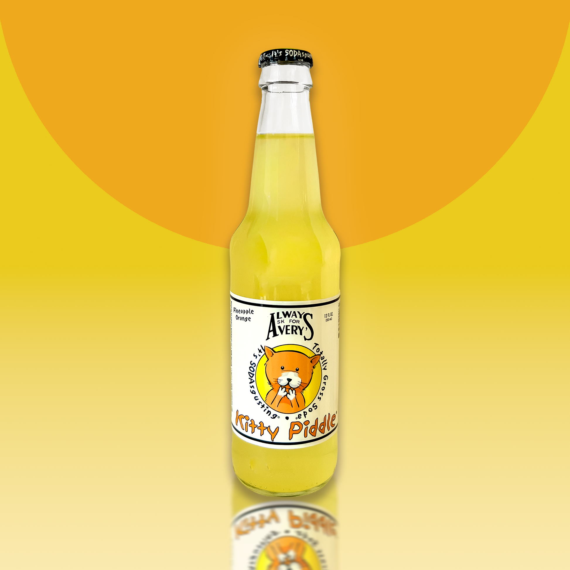 Avery's Totally Gross Kitty Piddle Original yellow soda in glass bottle on yellow and orange gradient background