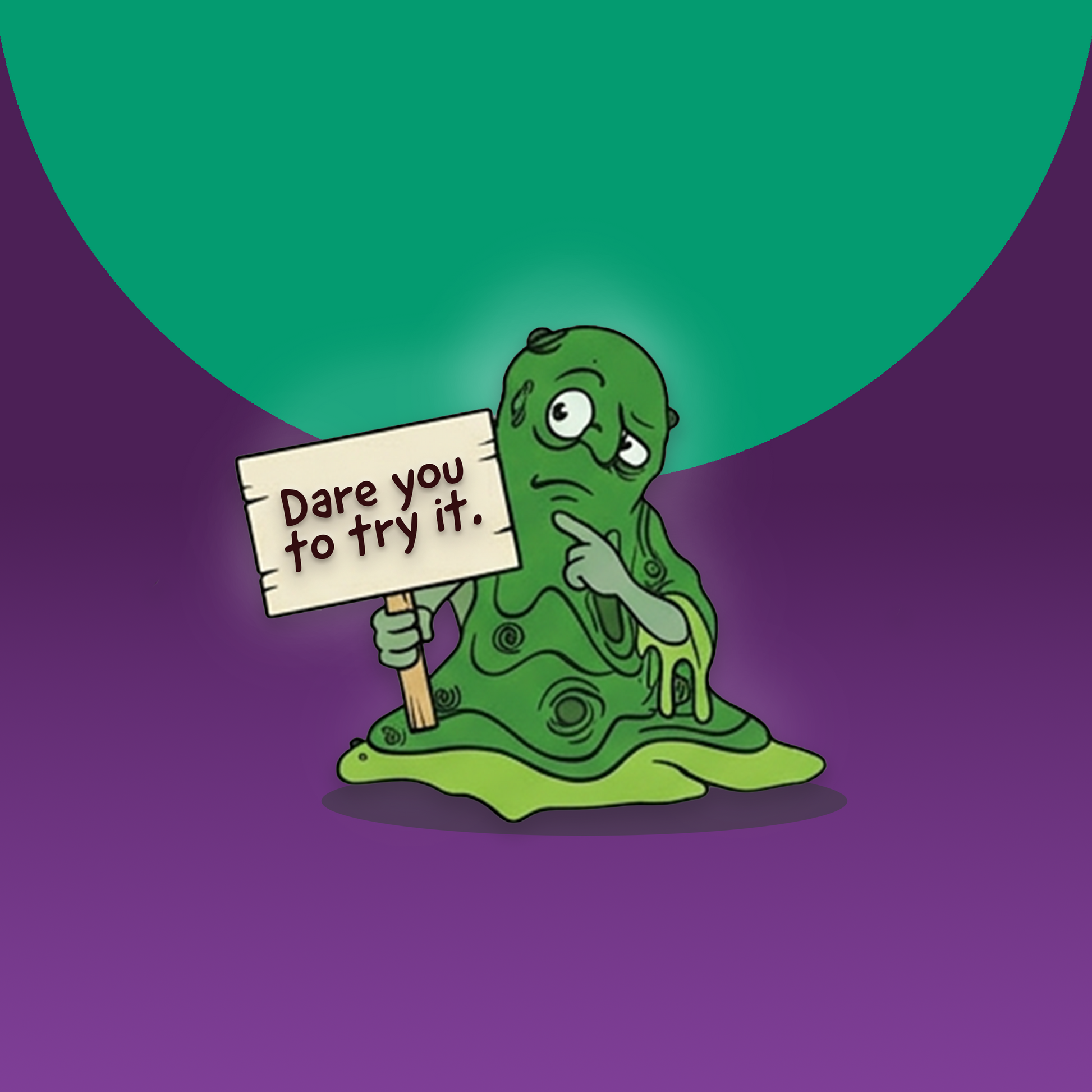 Avery's Totally Gross Misfit Mucus Cartoon character holding a sign with 'Dare you to try it.' text on a purple gradient background
