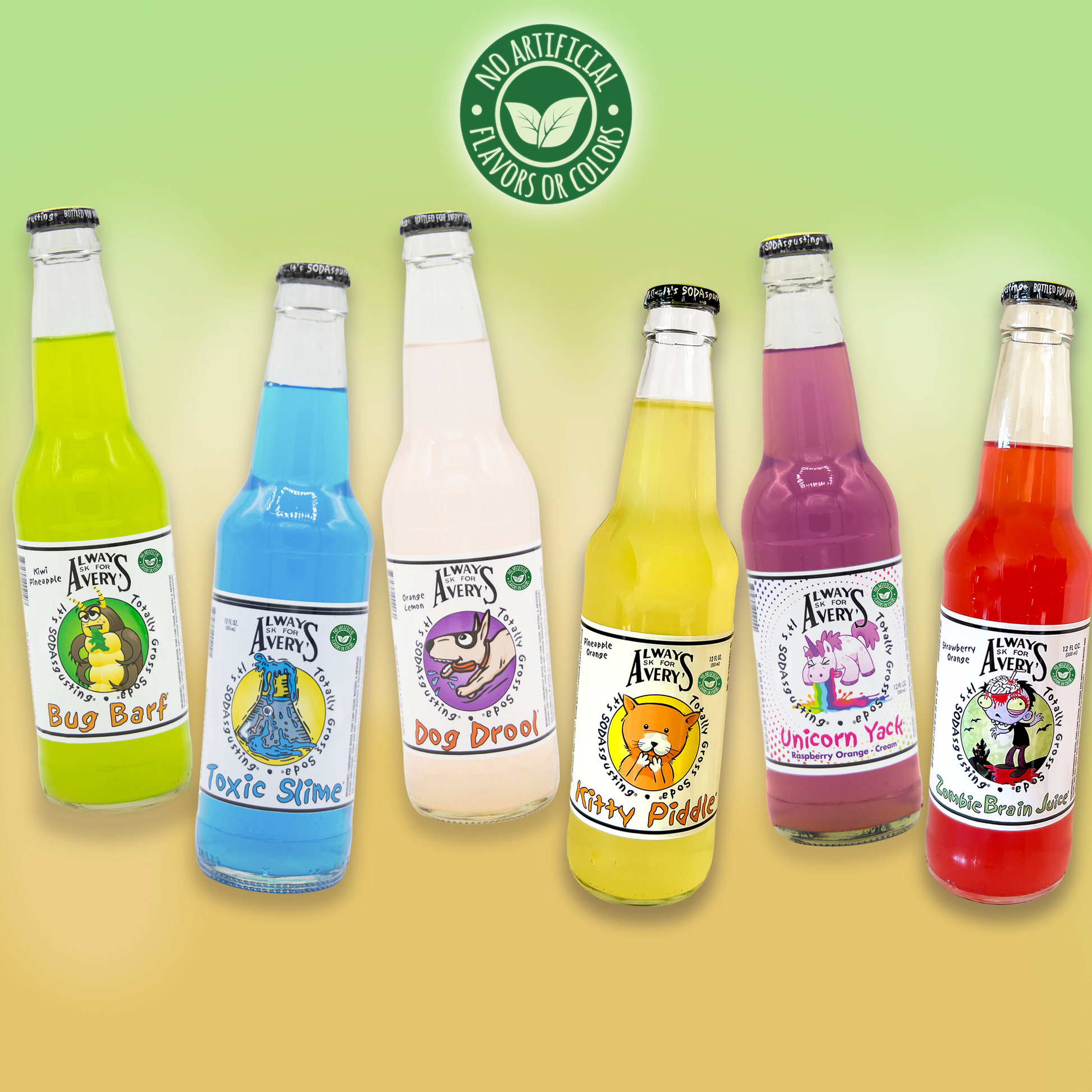 Avery’s Totally Gross Natural Soda Build Your Own Variety 12-Pack in glass bottles on green gradient background with "no artificial flavors or color" sticker