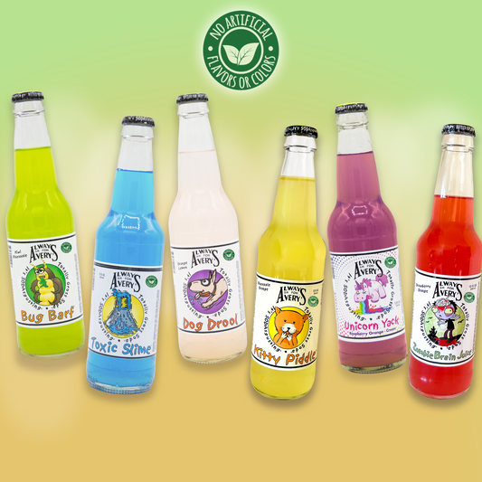 Avery’s Totally Gross Natural Soda Build Your Own Variety 12-Pack in glass bottles on green gradient background with "no artificial flavors or color" sticker