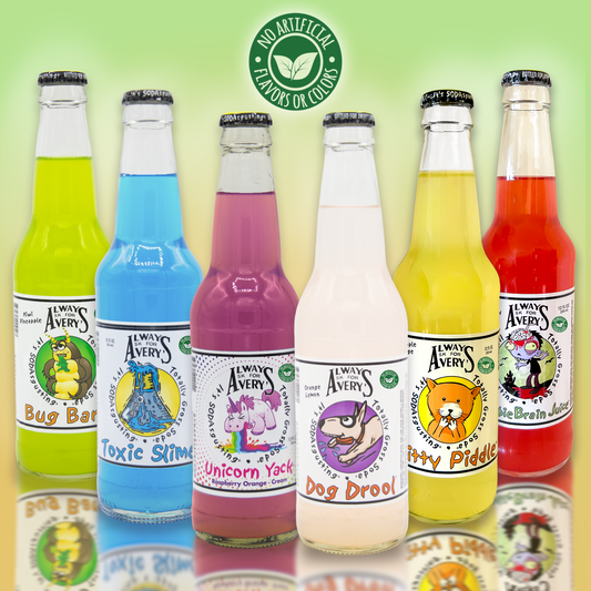Avery’s Totally Gross Natural Soda Variety 12-Pack in glass bottles on green gradient background with "no artificial flavors or color" sticker