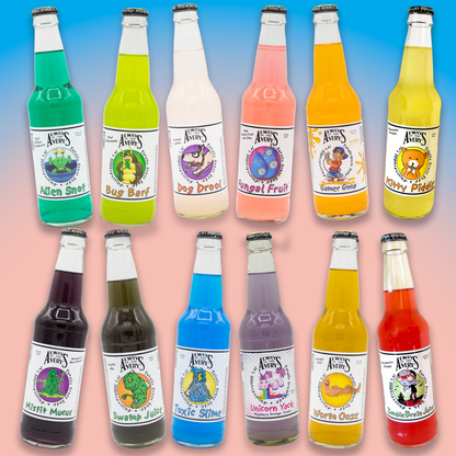 Avery’s Totally Gross Original Soda Build Your Own Variety 12-Pack in glass bottles on blue and pink gradient background
