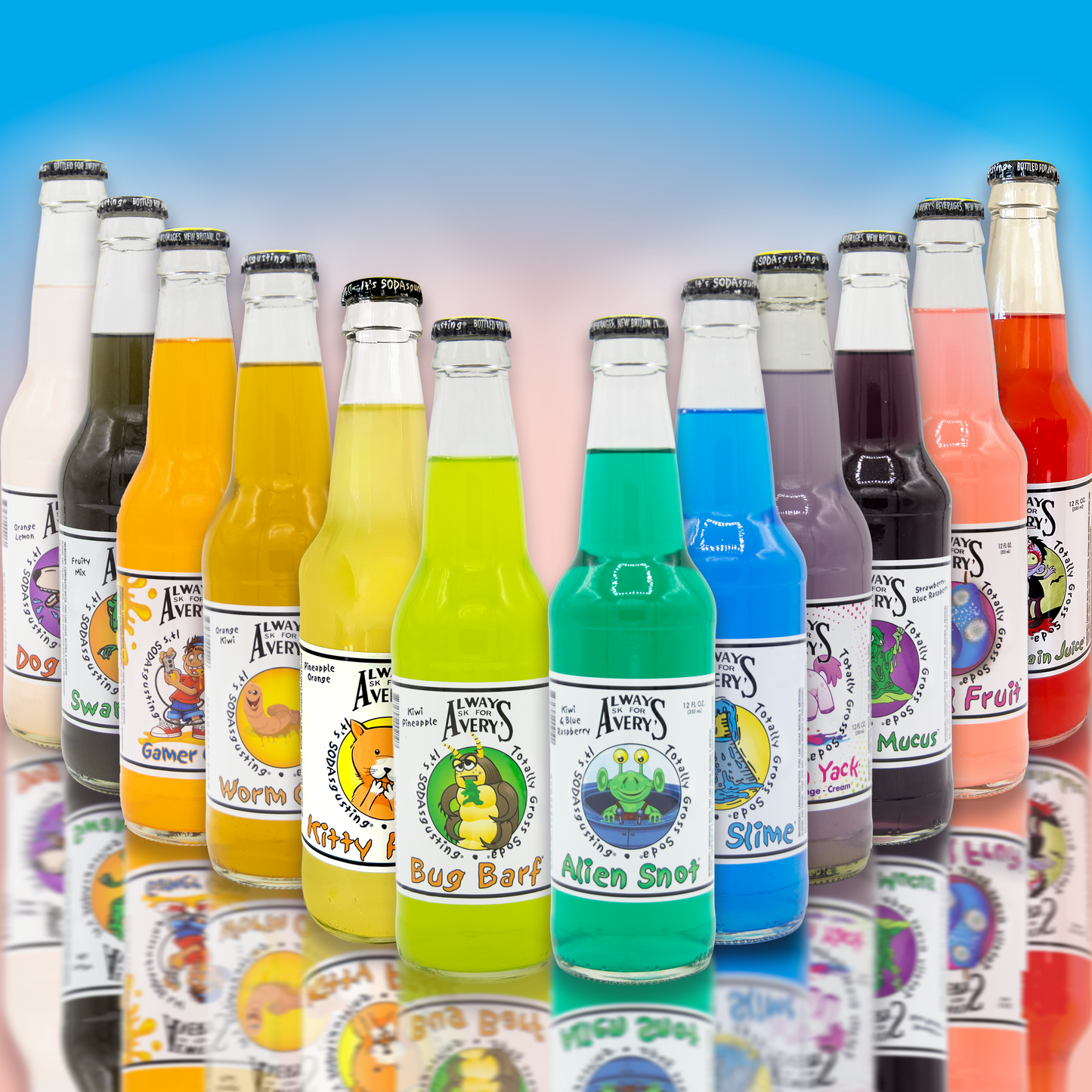 Avery’s Totally Gross Original Soda Variety 12-Pack in glass bottles on blue and pink gradient background