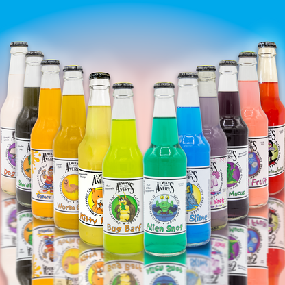 Avery’s Totally Gross Original Soda Variety 12-Pack in glass bottles on blue and pink gradient background