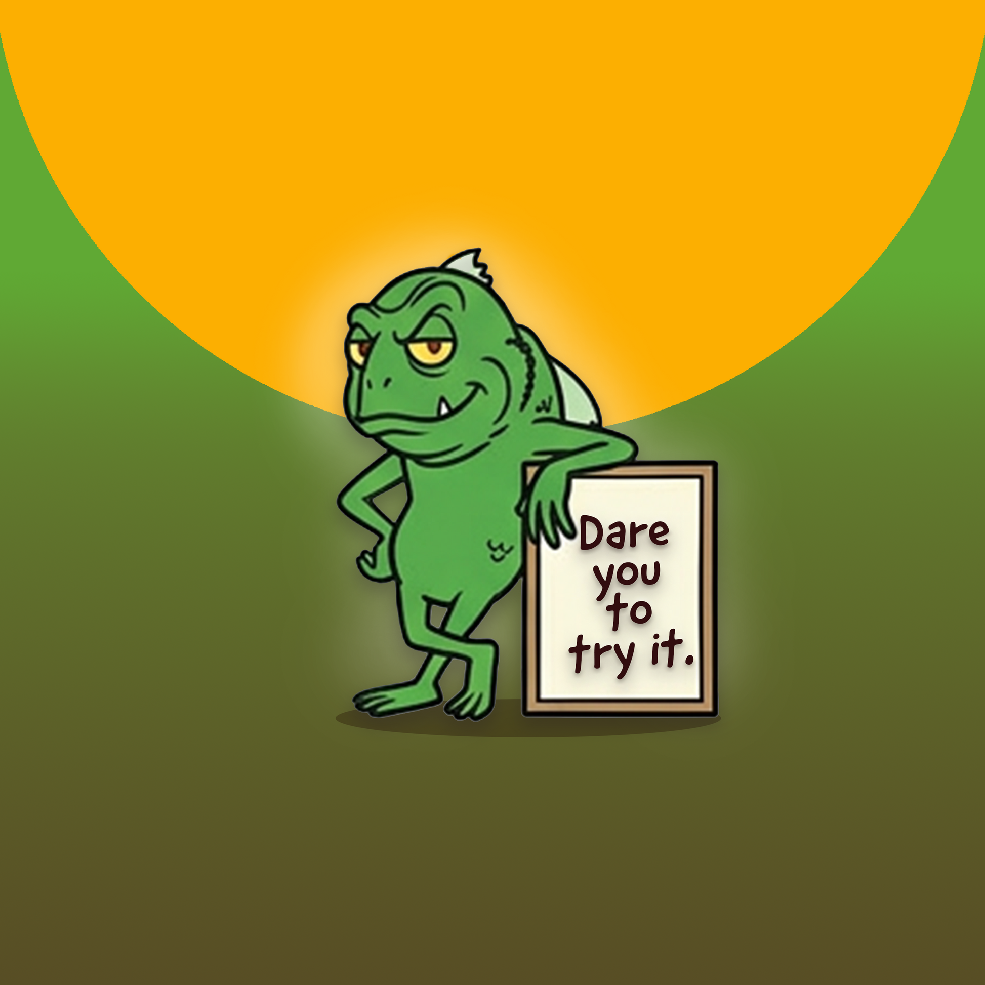 Avery's Totally Gross Swamp Juice Cartoon character holding a sign with 'Dare you to try it.' text on green and yellow gradient background