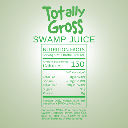 Nutrition facts label for Avery's Totally Gross Swamp Juice Original Soda on green gradient background