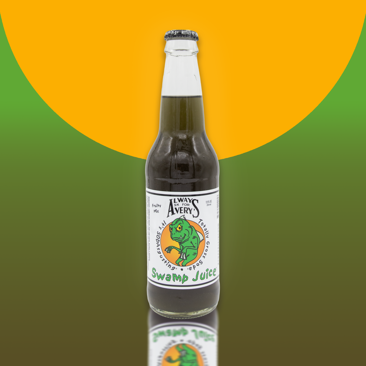 Avery's Totally Gross Swamp Juice soda in glass bottle on green and yellow gradient background