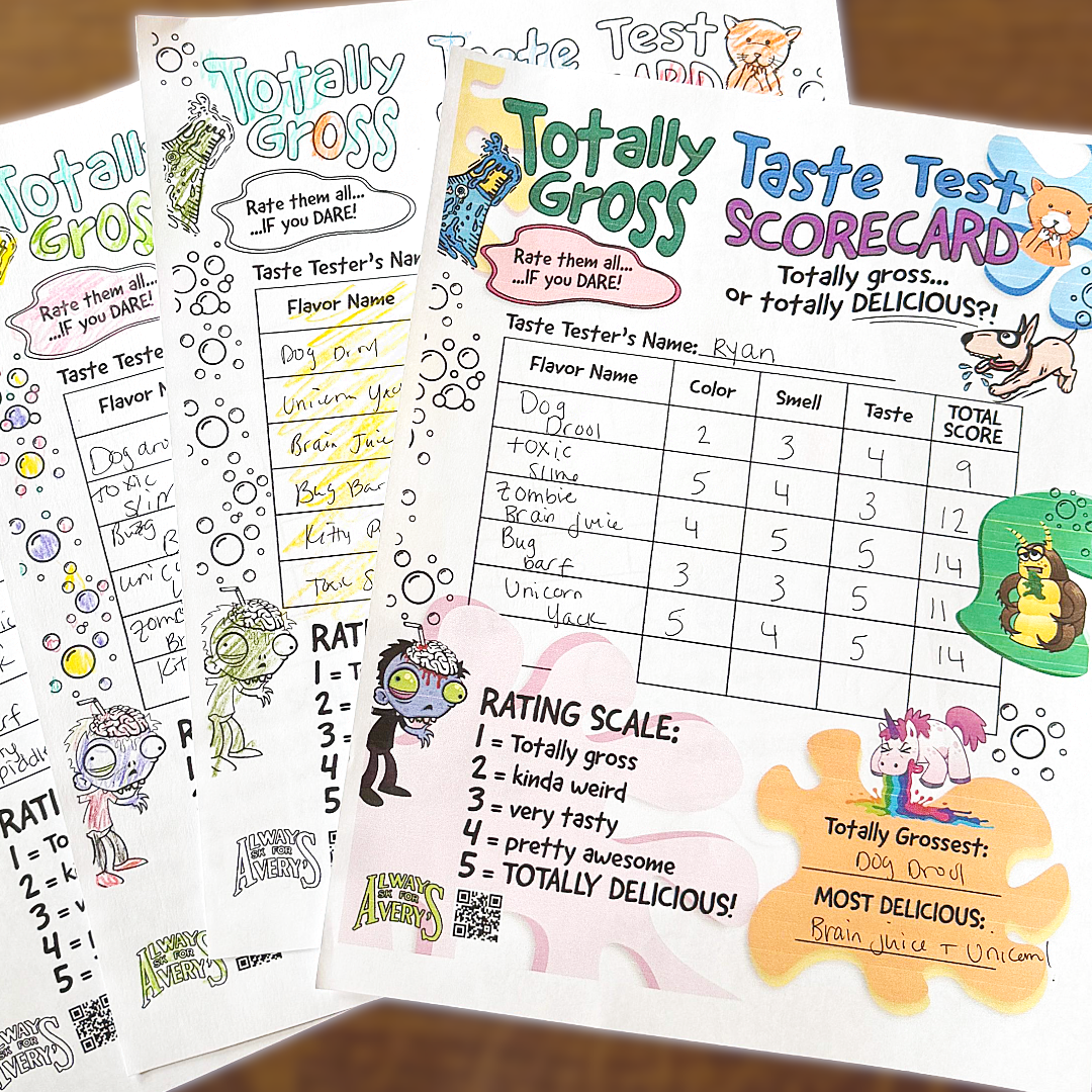 Avery's colorful 'Totally Gross' taste testing scorecards with rating scale and flavor descriptions.