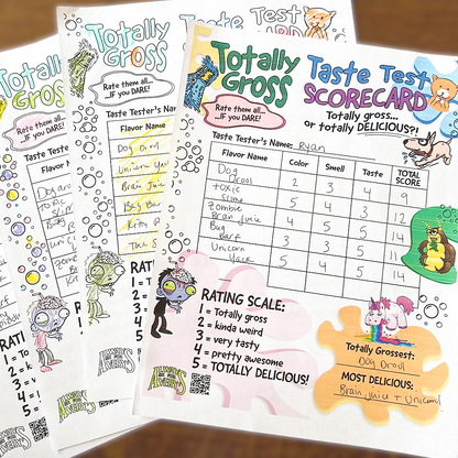 Avery's colorful 'Totally Gross' taste testing scorecards with rating scale and flavor descriptions.
