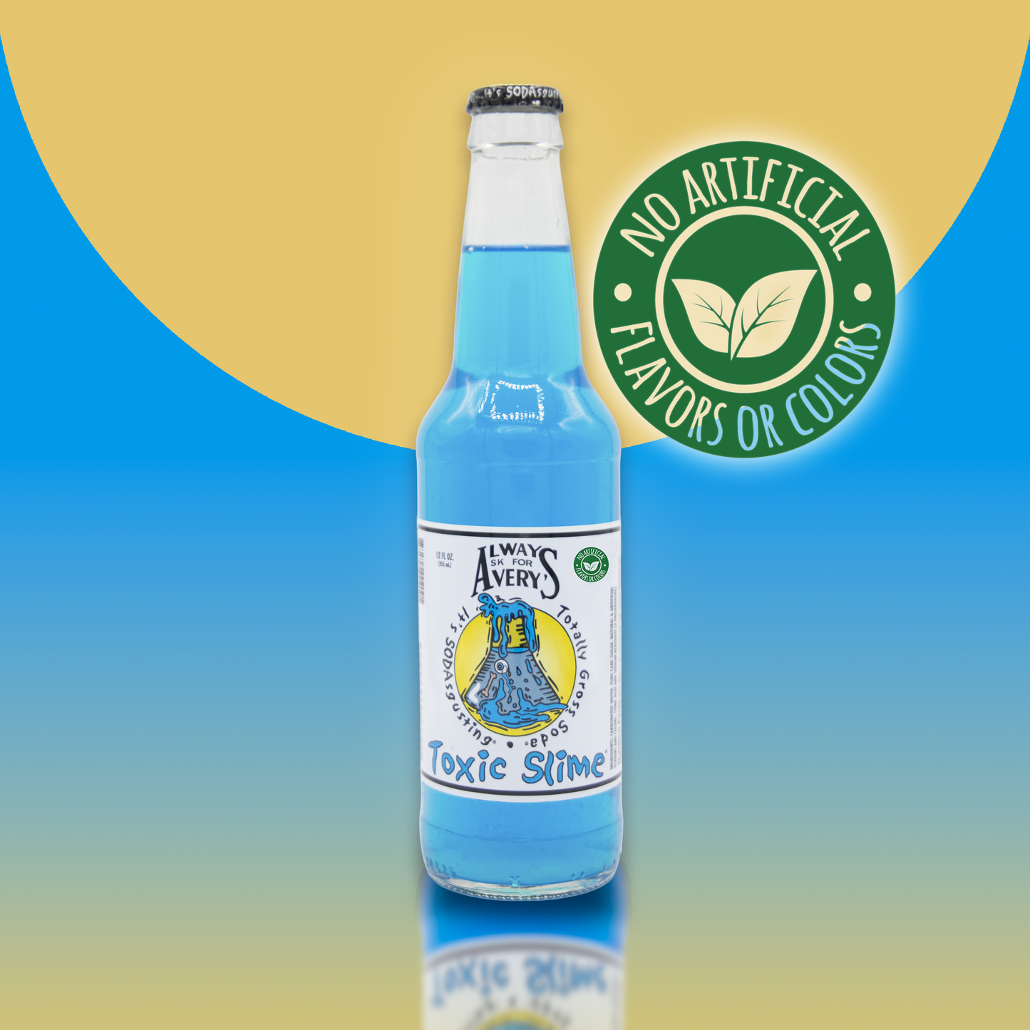 Avery's Totally Gross Toxic Slime Natural blue soda in glass bottle on blue and yellow gradient background with "no artificial flavors or color" sticker 
