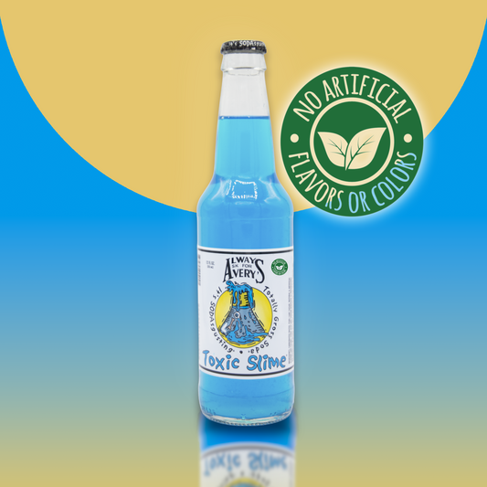 Avery's Totally Gross Toxic Slime Natural blue soda in glass bottle on blue and yellow gradient background with "no artificial flavors or color" sticker 