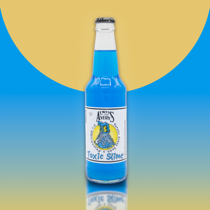 Avery's Totally Gross Toxic Slime Original blue soda in glass bottle on blue gradient background