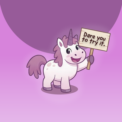 Avery's Totally Gross Unicorn Yack Cartoon character holding a sign with 'Dare you to try it.' text on a purple gradient background