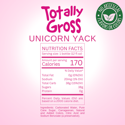 Nutrition facts label for Avery's Totally Gross Unicorn Yack Natural on purple gradient background