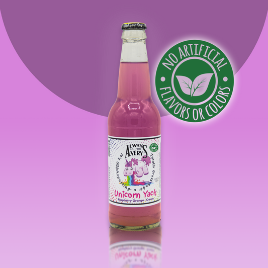 Avery's Totally Gross Unicorn Yack Natural purple soda in glass bottle on purple gradient background with "no artificial flavors or color" sticker