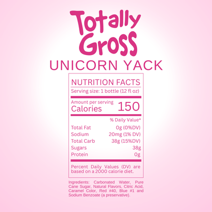 Nutrition facts label for Avery's Totally Gross Unicorn Yack Original Soda on pink gradient background