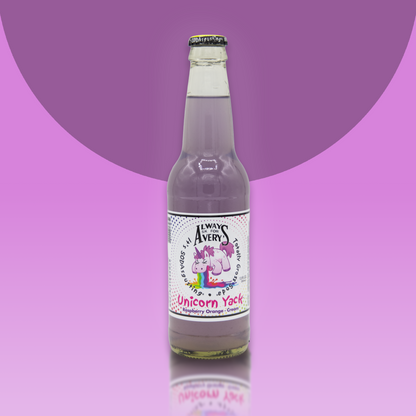 Avery's Totally Gross Unicorn Yack Original purple soda in glass bottle on purple gradient background