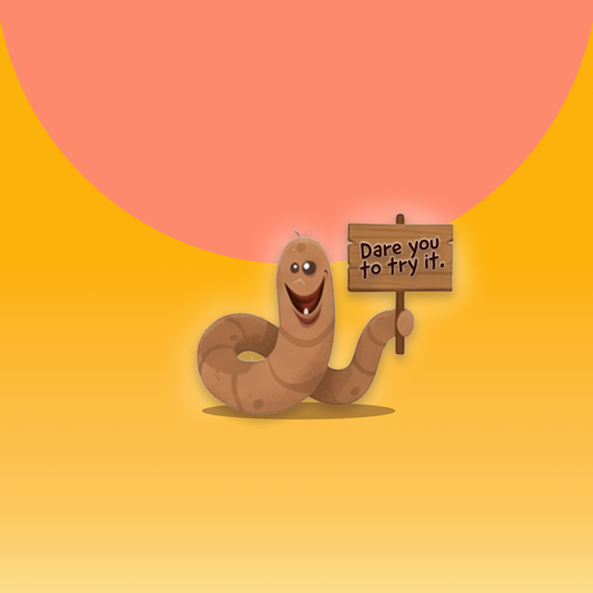 Avery's Totally Gross Worm Ooze Cartoon character holding a sign with 'Dare you to try it.' text on orange gradient background