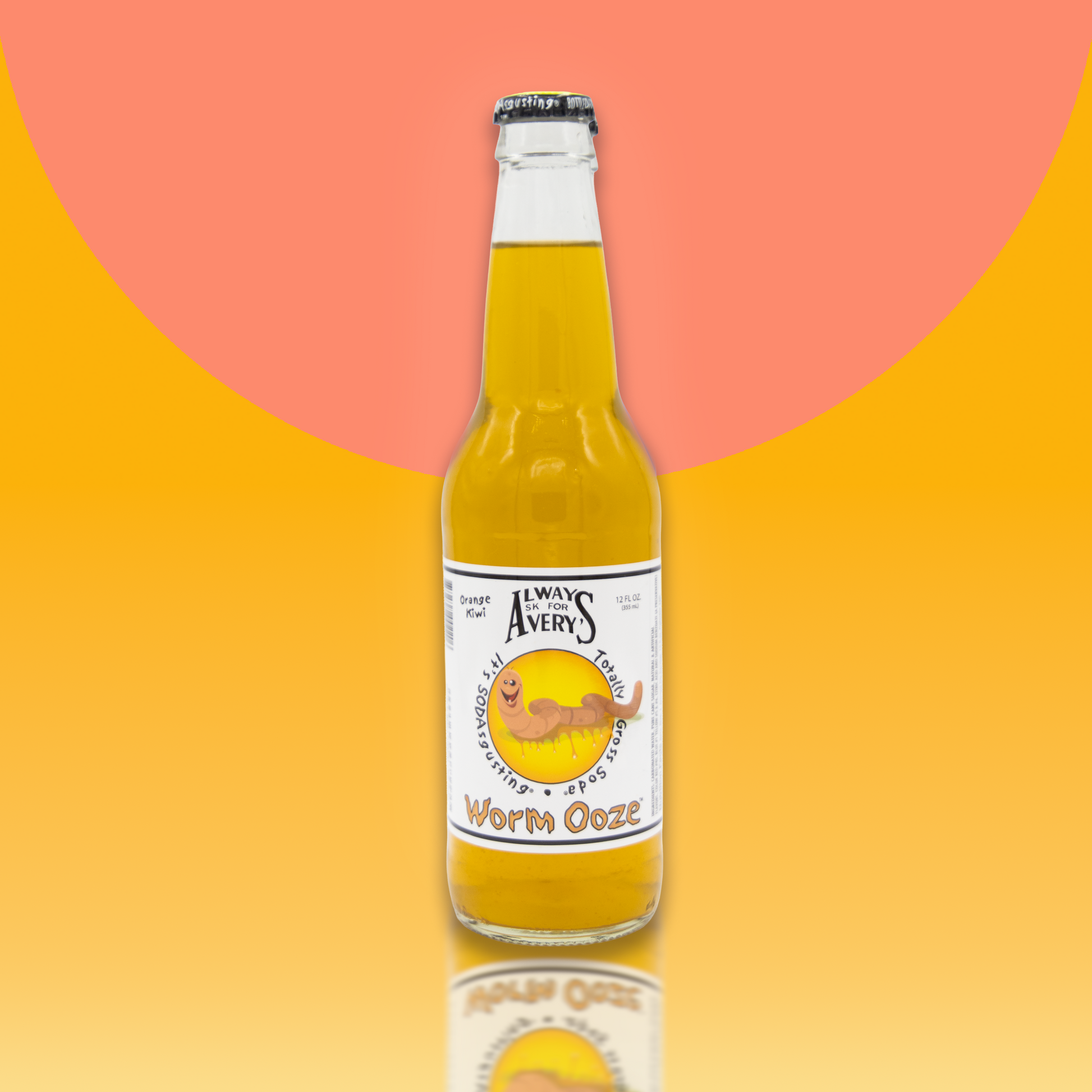 Avery's Totally Gross Worm Ooze Original orange soda in glass bottle on orange gradient background
