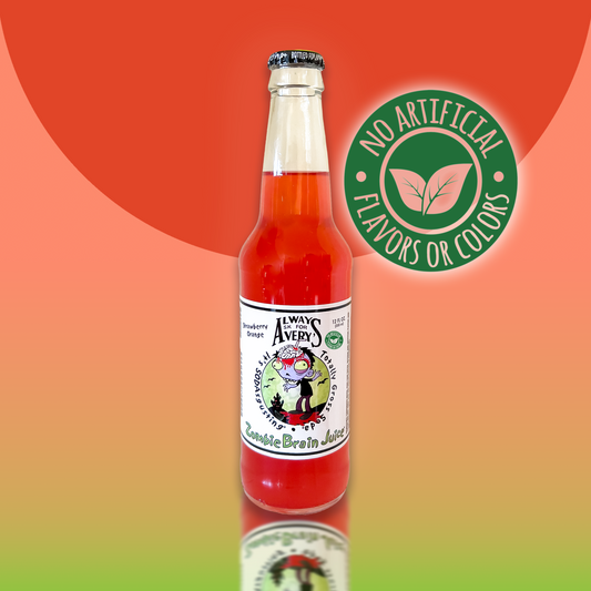 Avery's Totally Gross Zombie Brain Juice Natural red soda in glass bottle on red and green gradient background with "no artificial flavors or color" sticker 