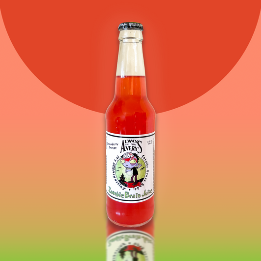 Avery's Totally Gross Zombie Brain Juice Original red soda in glass bottle on red and green gradient background